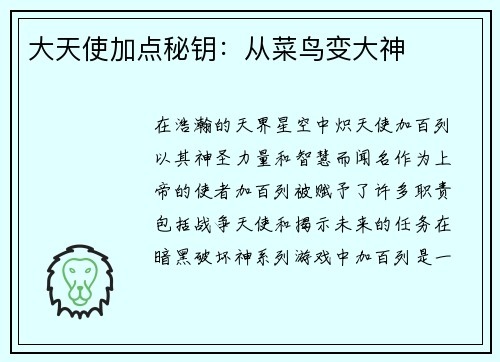 大天使加点秘钥：从菜鸟变大神