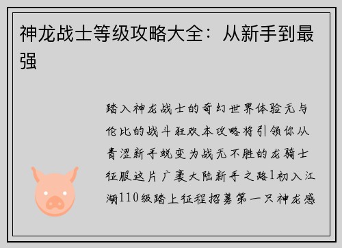 神龙战士等级攻略大全：从新手到最强