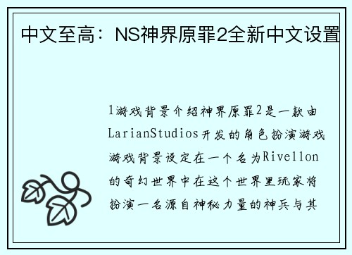 中文至高：NS神界原罪2全新中文设置